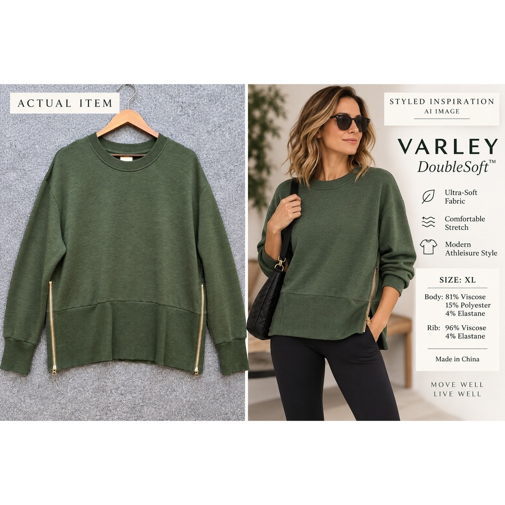 Varley Lowry Longline Sweatshirt Womens DoubleSoft Side Zip Green XL Excellent